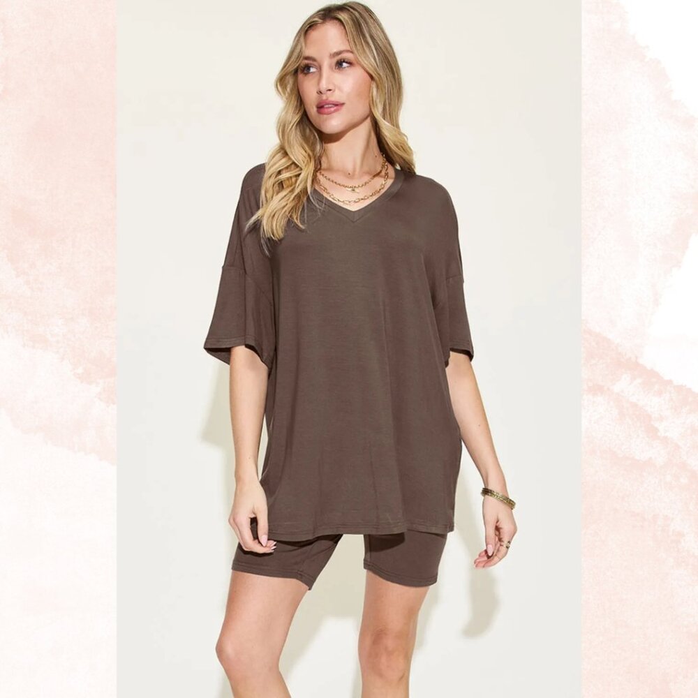 OVERSIZED V NECK BIKER SHORTS SET BOYFRIEND TEE ELASTIC BIKER SHORT